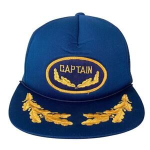 Vintage Blue Captain Snapback Hat Unisex Adjustable Nautical 80s Style‎